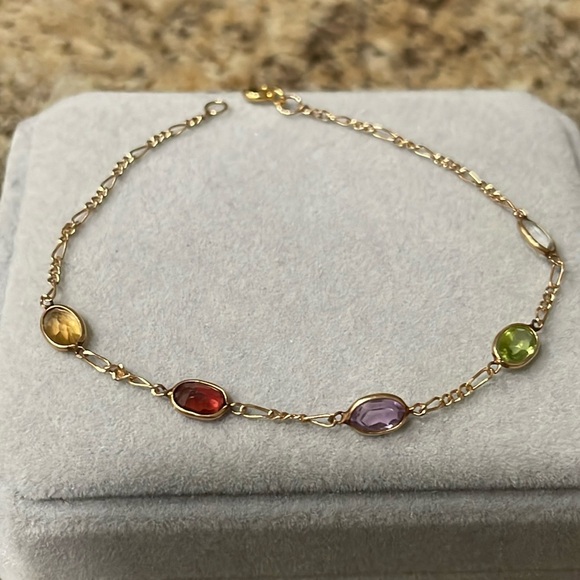 14K Yellow Gold Multi-Color Quartz 5-Stones Figaro Link Bracelet Stamp 14k - Picture 2 of 10